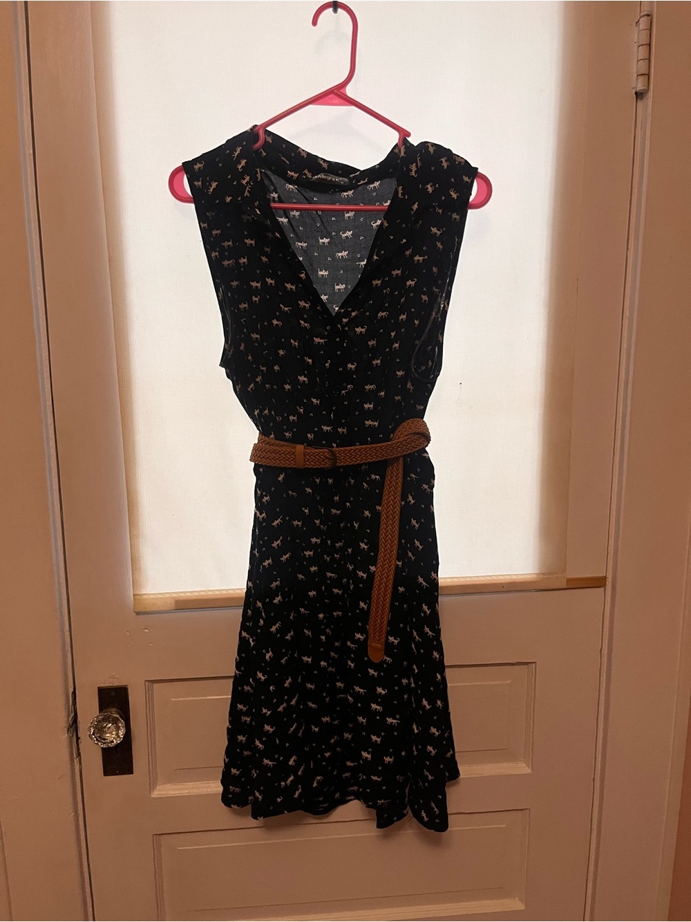 Allegra K Black Sleeveless V-Neck Dress with Brown Belt